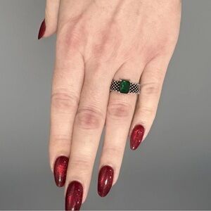 NWOT • Green CZ Emerald Cut Ring • Adjustable • Silver Mesh Band
